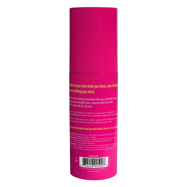 A pink bottle of Simply Sexy Pheromone Body Mist with vanilla floral scent.