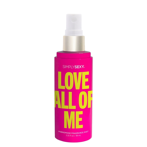Simply Sexy Love All of Me pheromone fragrance mist in a pink bottle.
