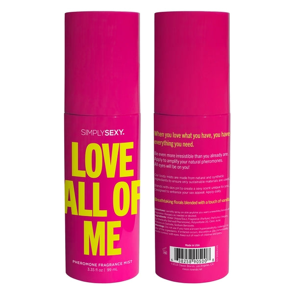 Simply Sexy Love All of Me Pheromone Fragrance Mist in a pink spray bottle.