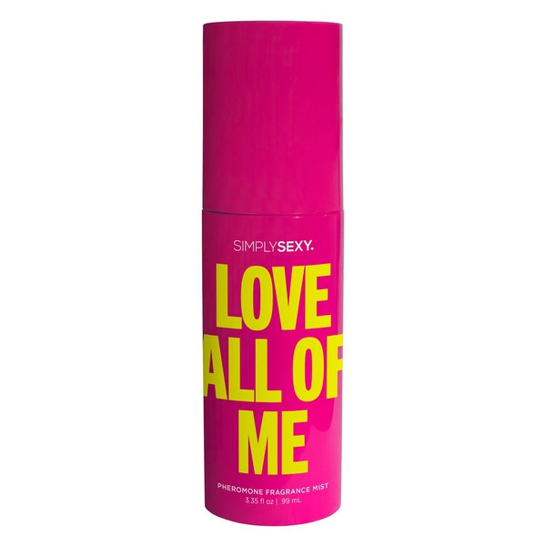 Simply Sexy Love All of Me pheromone fragrance mist in a pink bottle.