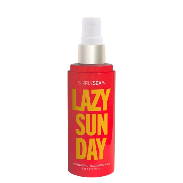 Red bottle of Simply Sexy Lazy Sunday Pheromone Fragrance Mist.