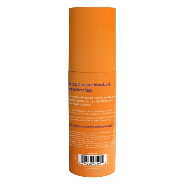 Orange spray bottle with text about pheromone body mist.