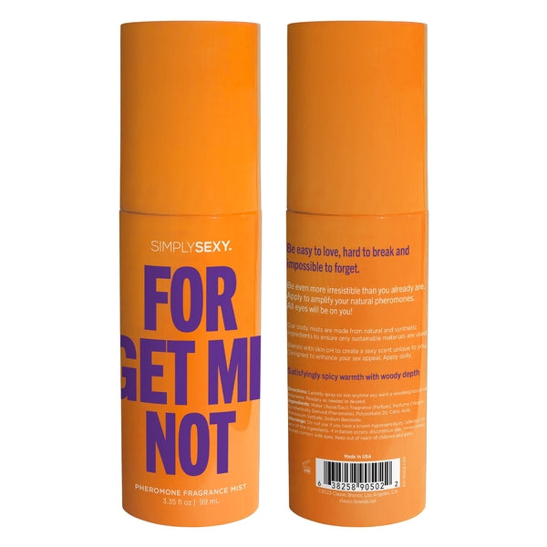 Forget Me Not Pheromone Body Mist by Simply Sexy in an orange spray bottle.