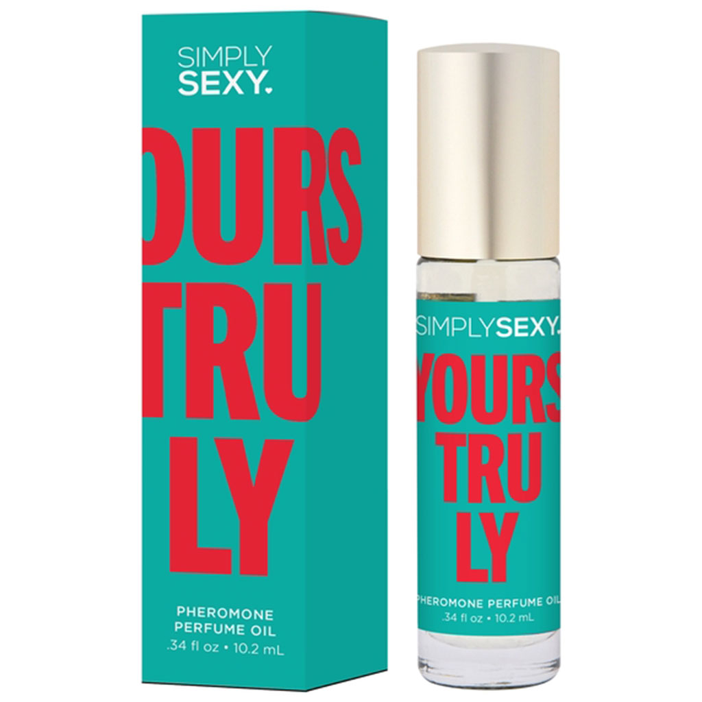 A bottle and box of Simply Sexy Yours Truly Pheromone Perfume Oil.