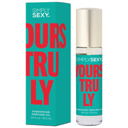 A bottle and box of Simply Sexy Yours Truly Pheromone Perfume Oil.