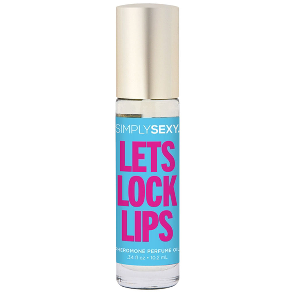 Simply Sexy Lets Lock Lips pheromone perfume oil in a clear bottle with a gold cap.