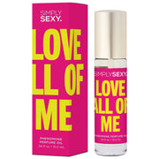 Simply Sexy Love All Of Me Pheromone Perfume Oil in a pink box and rollerball bottle.