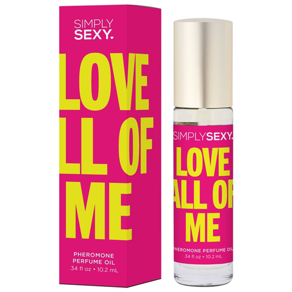 Simply Sexy Love All Of Me Pheromone Perfume Oil in a pink box and rollerball bottle.