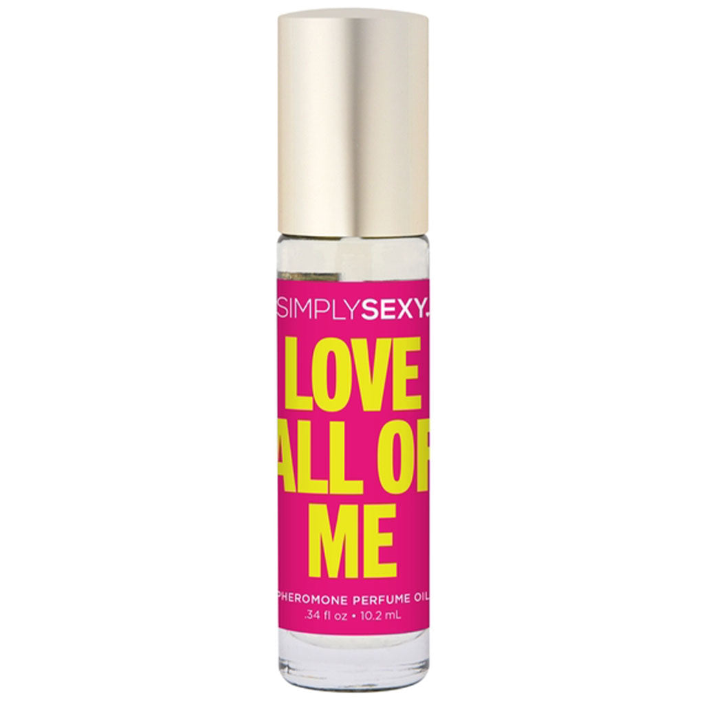 Simply Sexy Love All Of Me Pheromone Perfume Oil in a clear bottle with a gold cap.
