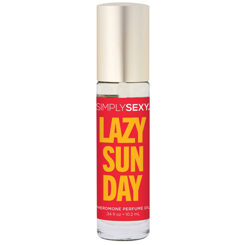 Simply Sexy Lazy Sunday Pheromone Perfume Oil in a clear rollerball bottle with a gold cap.