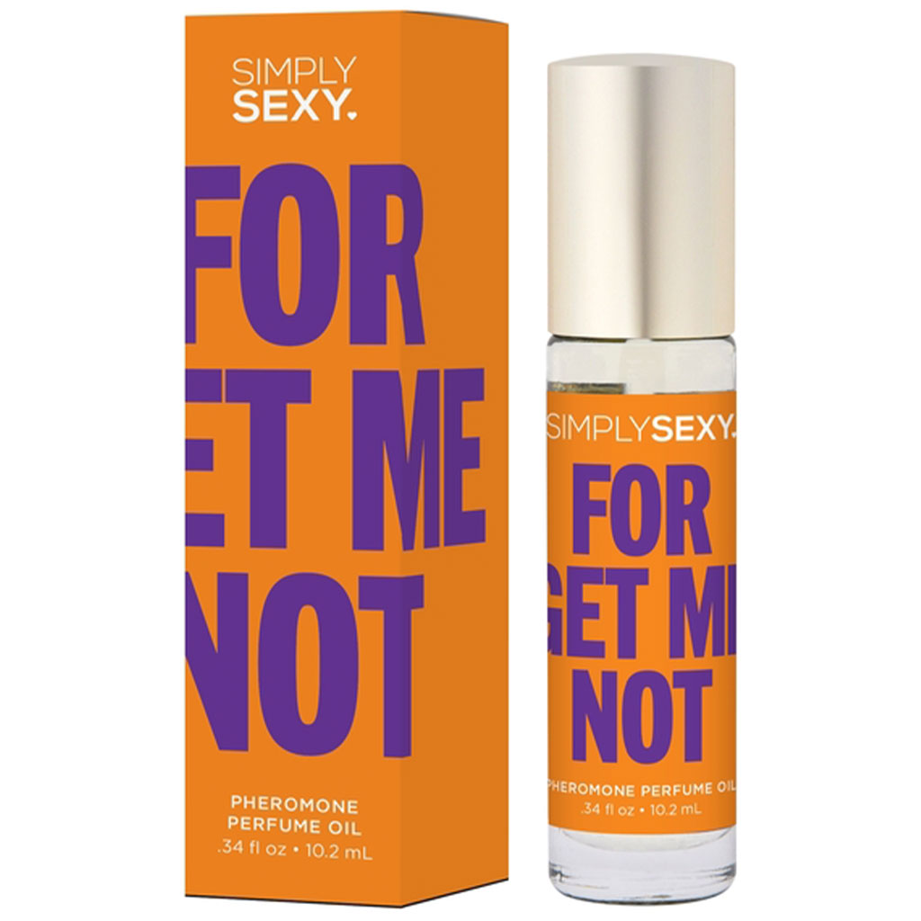 Orange box and bottle of Simply Sexy "Forget Me Not" pheromone perfume oil.