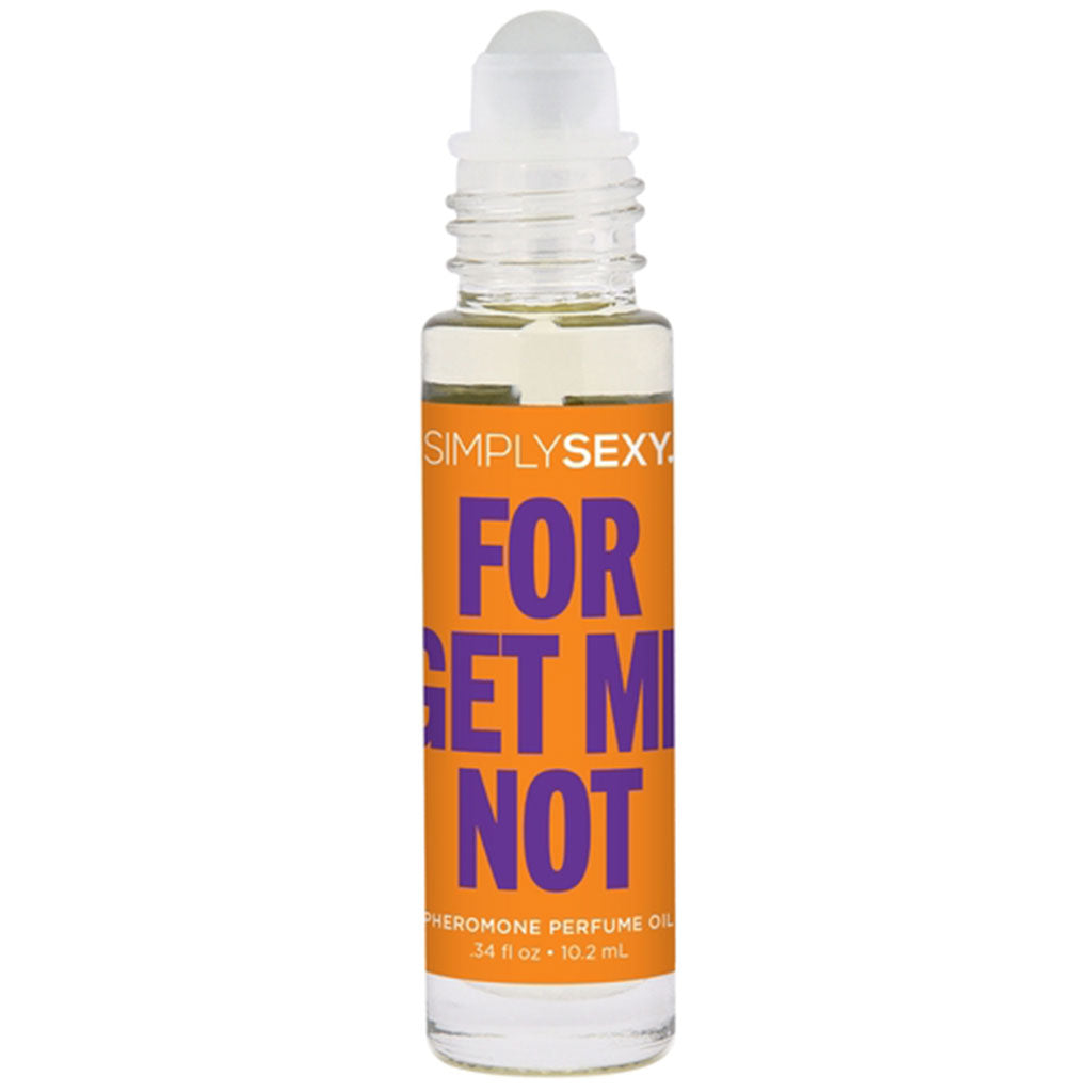 Simply Sexy rollerball bottle of pheromone perfume oil with orange and purple label.