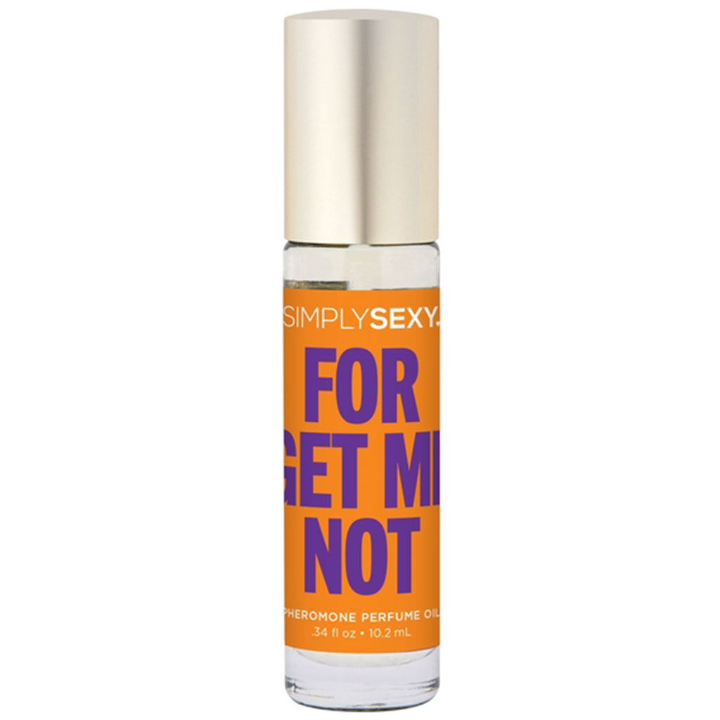 Simply Sexy "Forget Me Not" pheromone perfume oil in a clear bottle with an orange label.