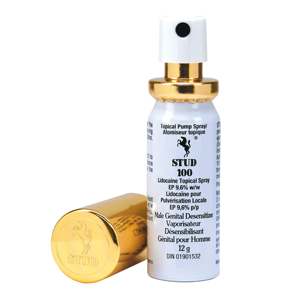 Stud 100 delay spray for men with 9.6% lidocaine in a 12g bottle.