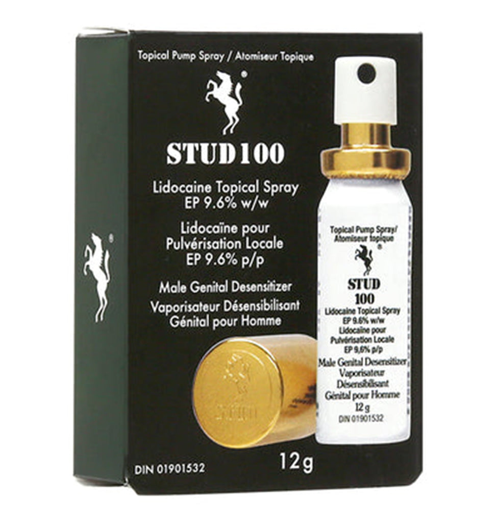 Stud 100 delay spray for men with 9.6% lidocaine in a 12g bottle.