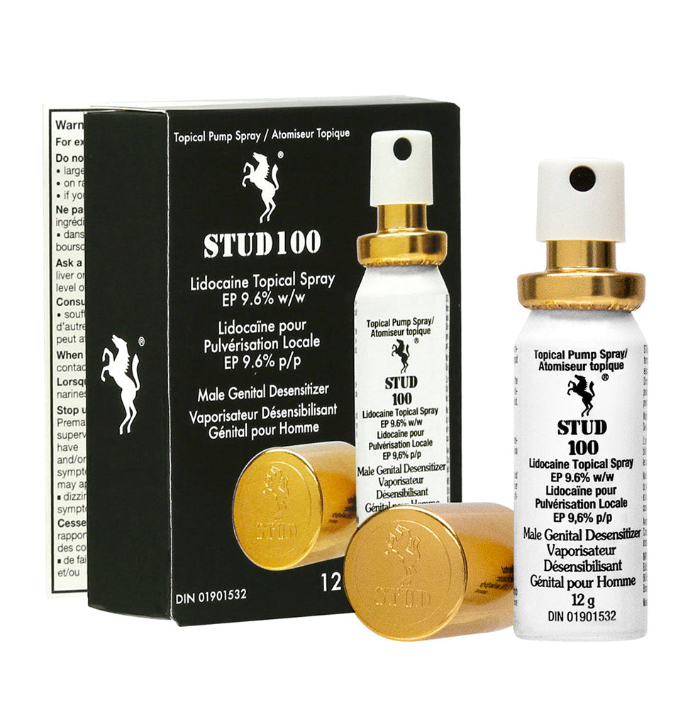 Stud 100 delay spray for men with 9.6% lidocaine in a 12g bottle.