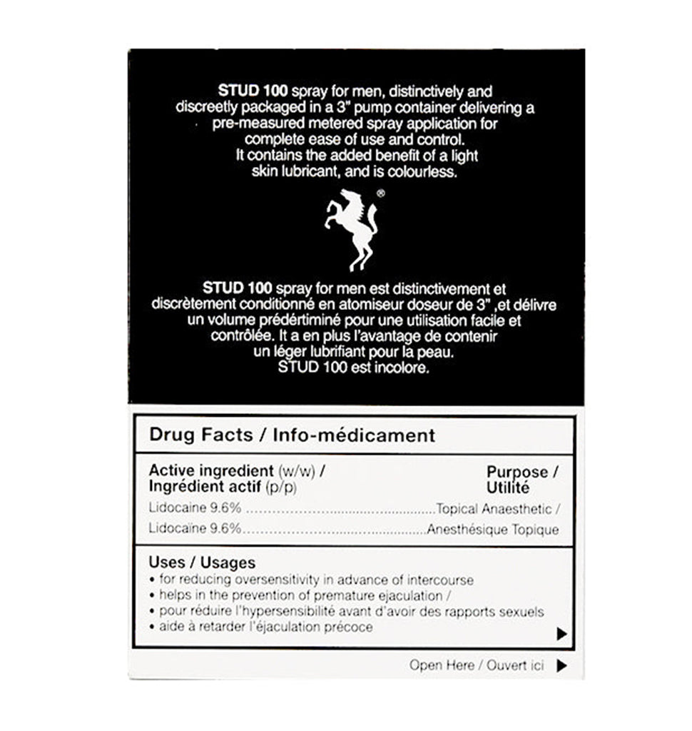 Stud 100 delay spray for men with 9.6% lidocaine.