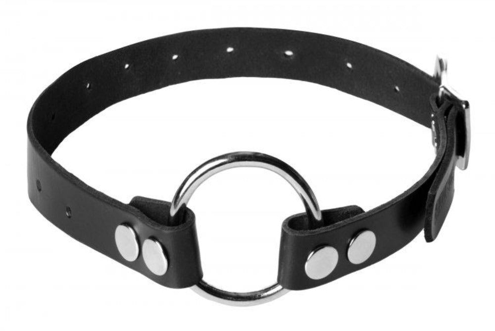 Black leather strap with a silver O-ring and silver studs.