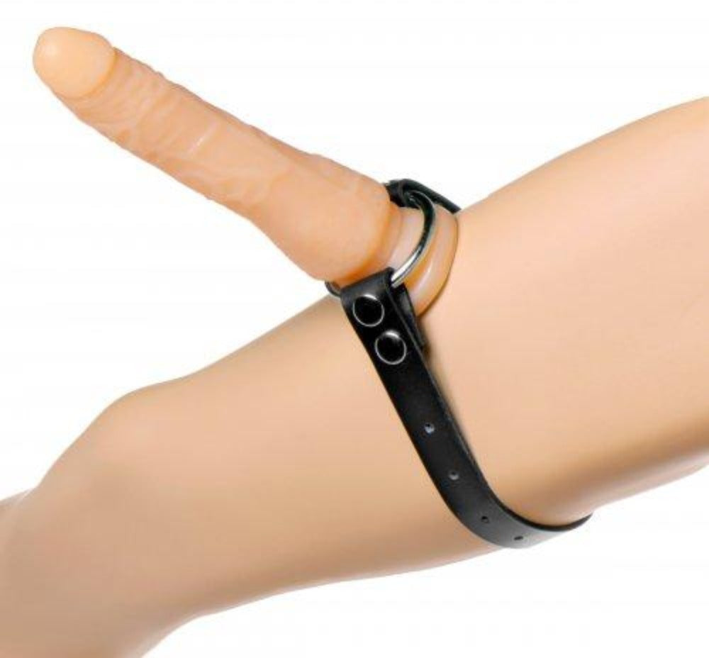 Black leather dildo strap with a steel O-ring for thigh or boot wear.