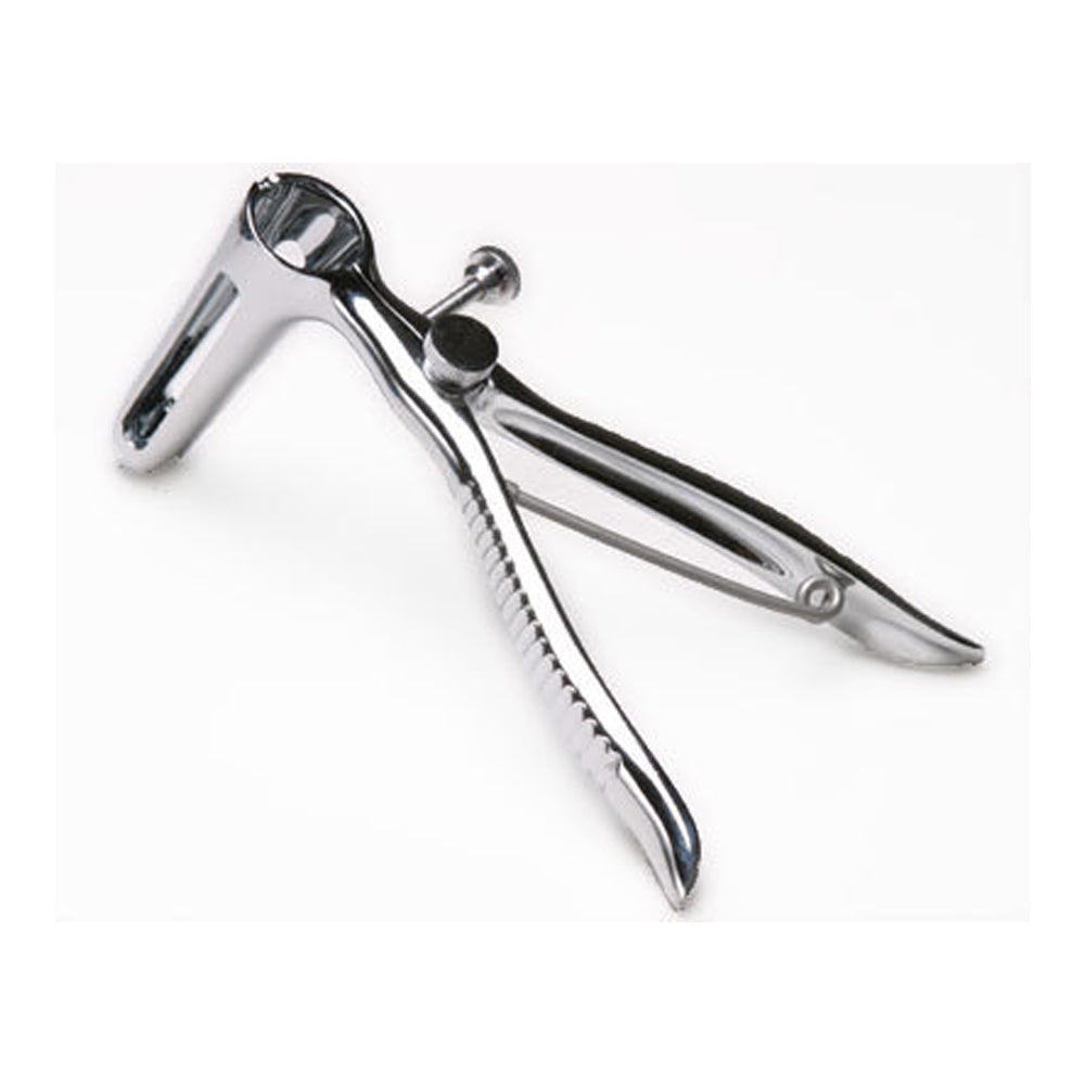 A Sims anal speculum made of stainless steel with a screw lock.