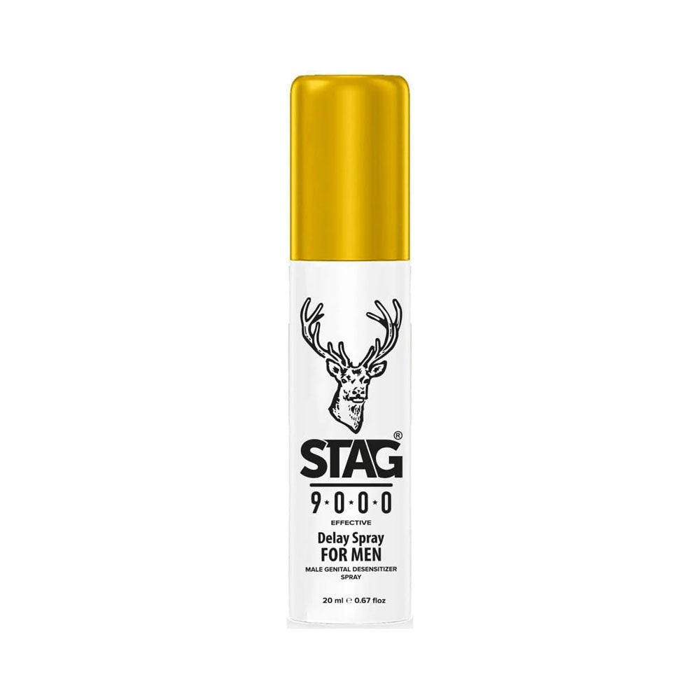 Stag 9000 delay spray for men with a deer logo.