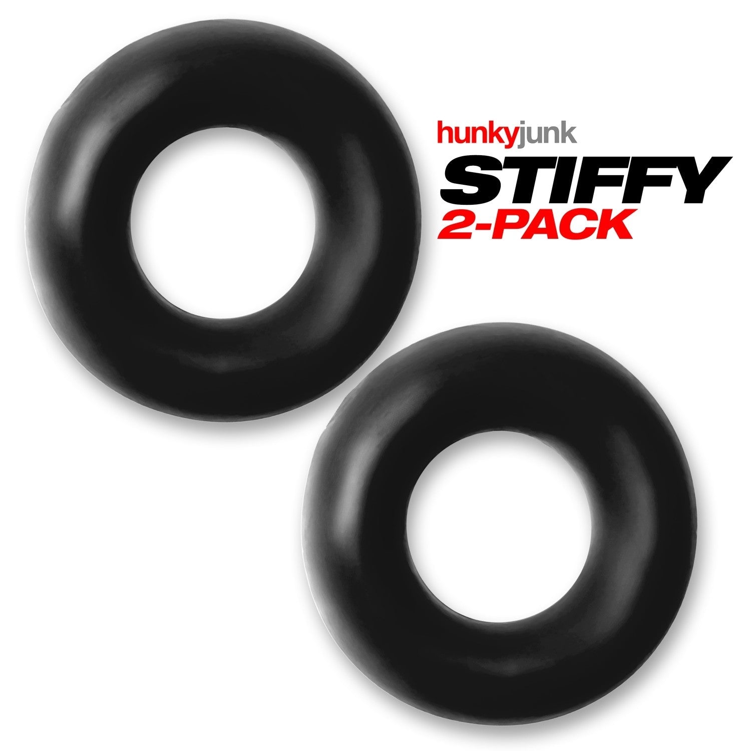 Two black silicone cock rings with "hunkyjunk STIFFY 2-PACK" text.