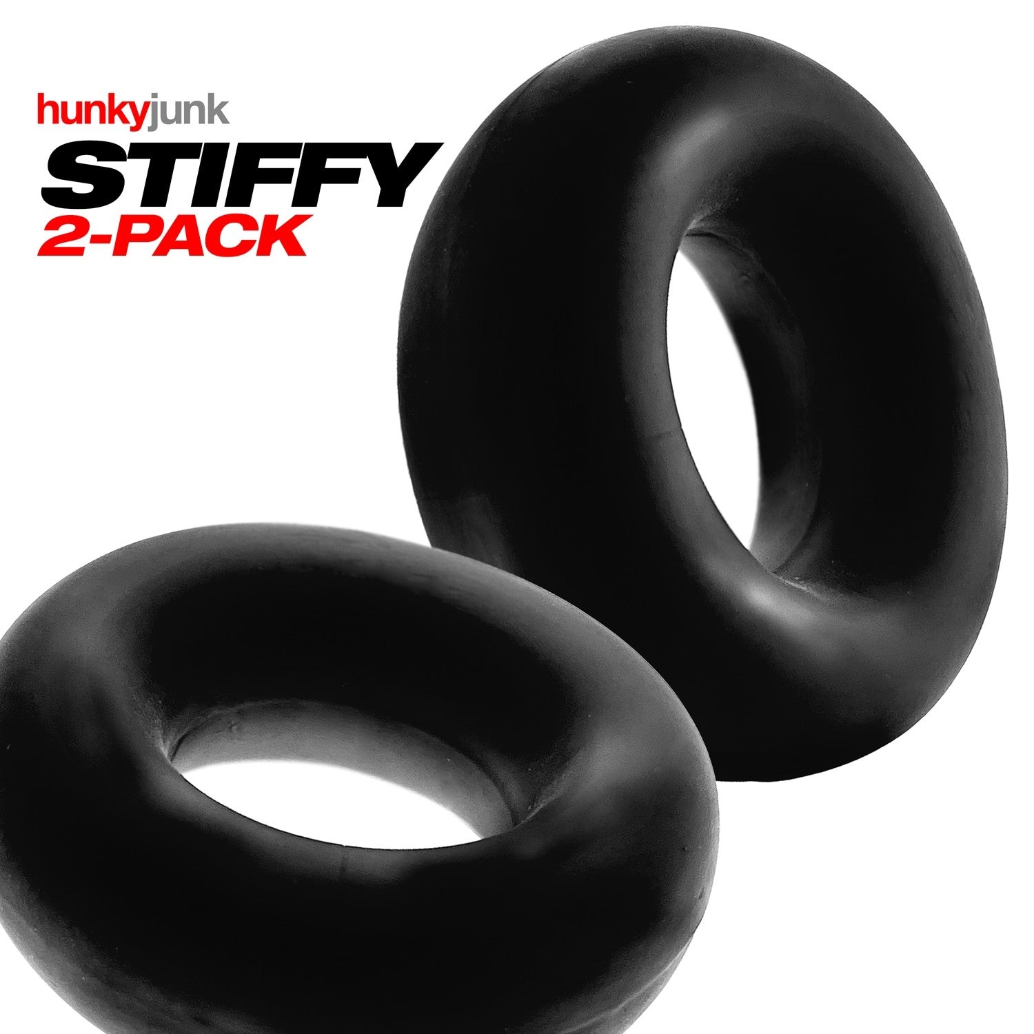 Two black silicone cock rings with the Hunkyjunk Stiffy 2-Pack logo.