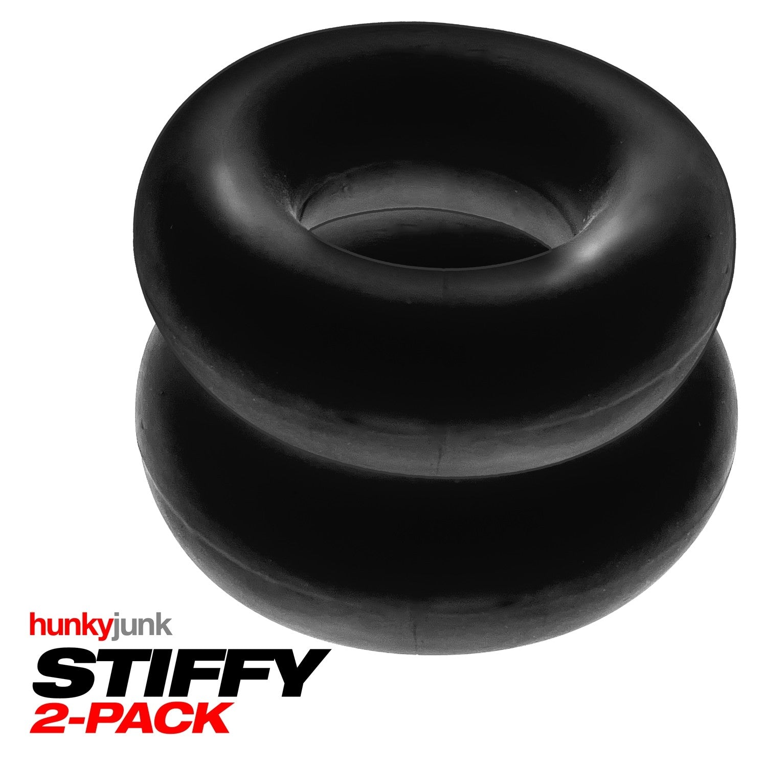 Two black silicone cock rings are stacked on a white background with the brand name and product name below.
