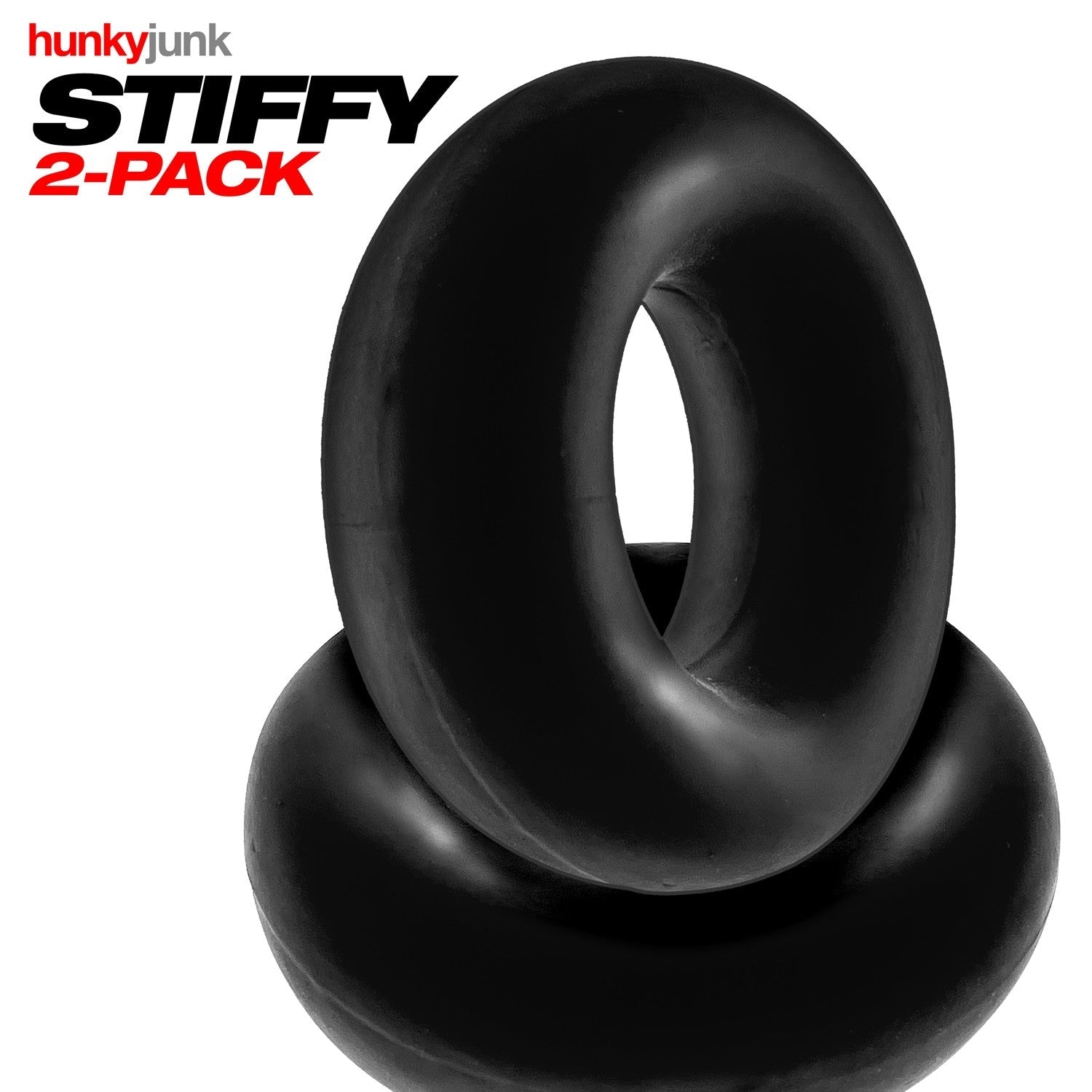 Two black silicone cock rings stacked on a white background.