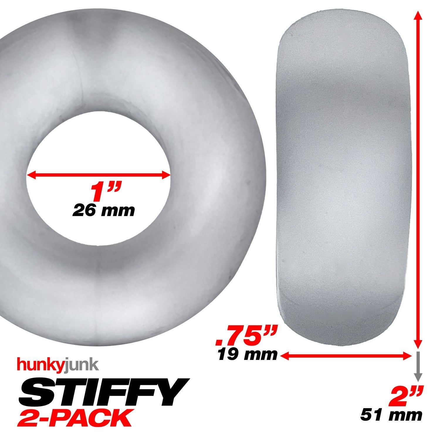 Two clear silicone cock rings with dimensions indicated.