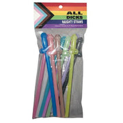 A package of 11 penis-shaped straws in assorted pride flag colors.