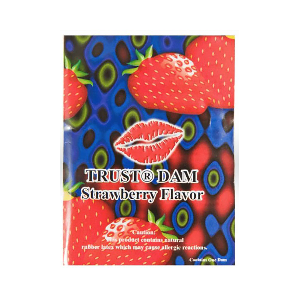 Trust Strawberry Flavored Latex Dental Dams with strawberry and lip graphics.