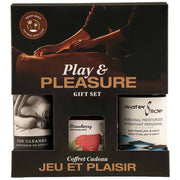 Play & Pleasure Gift Set with toy cleaner, edible massage candle, and personal moisturizer.