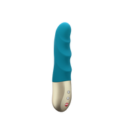 A deep sea blue and gold mini vibrator with control buttons.