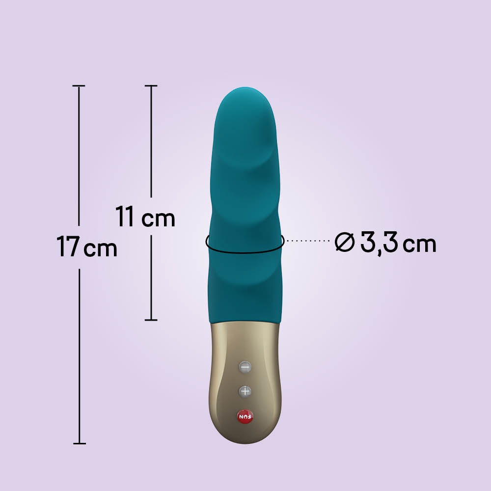 Deep Sea Blue Stronic Petite vibrator with dimensions 17cm length and 3.3cm diameter.