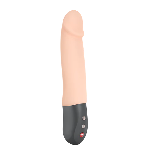 Realistic pink thrusting G-spot massager with black base and red button.