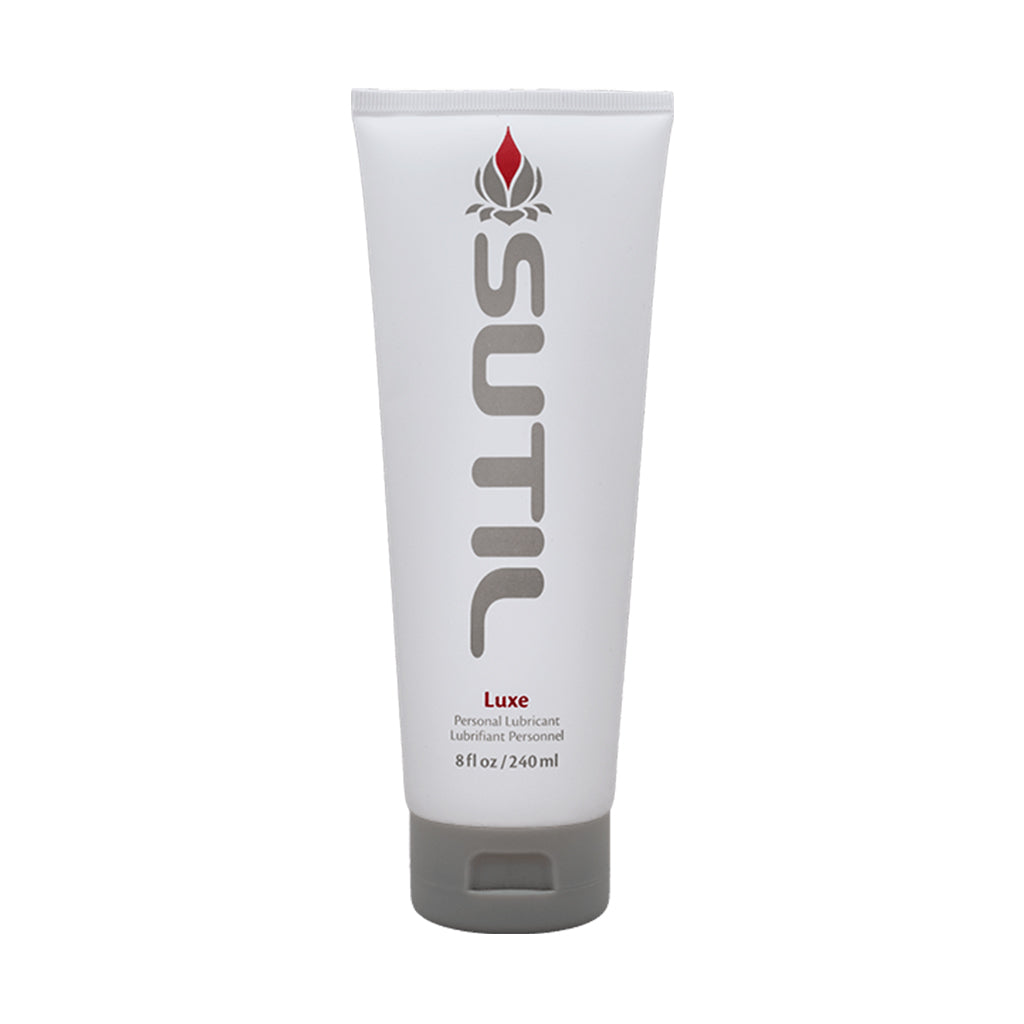 Sutil Luxe water-based personal lubricant in a white tube.