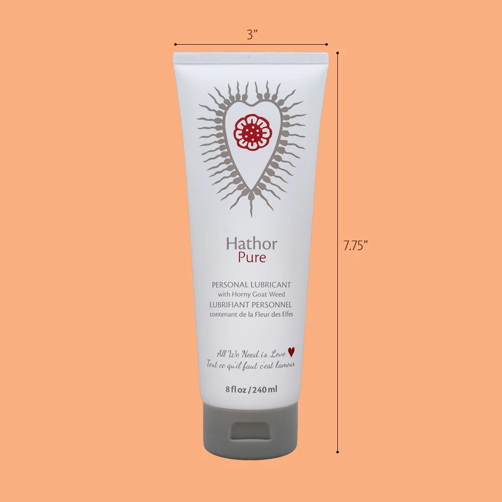 Hathor Pure personal lubricant in a white tube with a floral heart design.