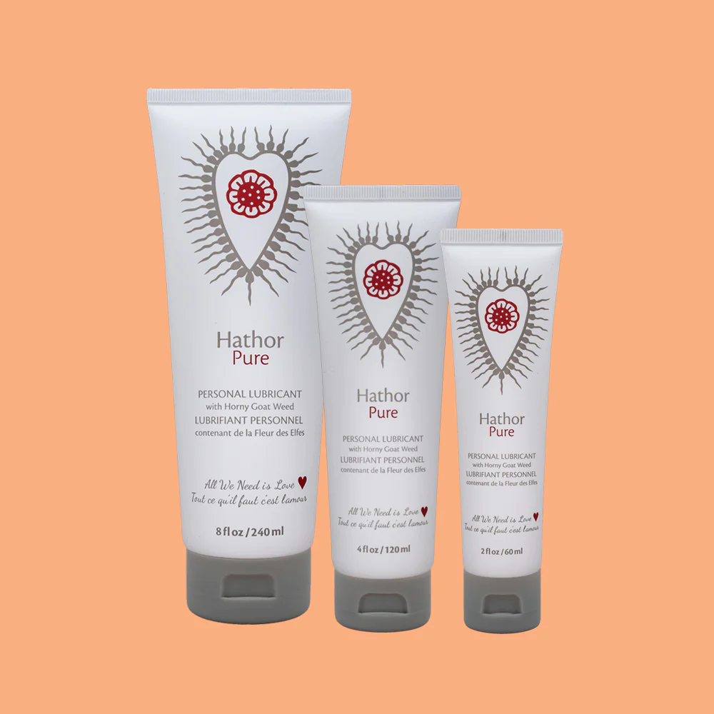 Three tubes of Hathor Pure personal lubricant in different sizes.