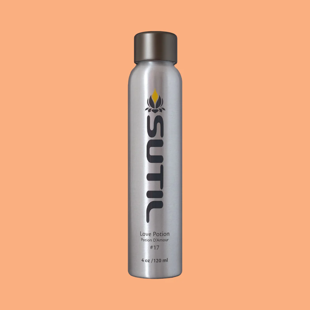 Sutil Love Potion #17 aphrodisiac massage oil and perfume in a silver bottle.