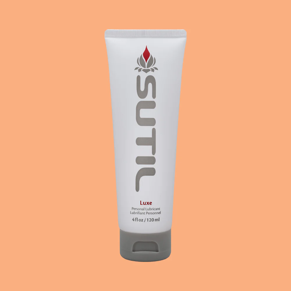 Sutil Luxe water-based personal lubricant in a white tube.