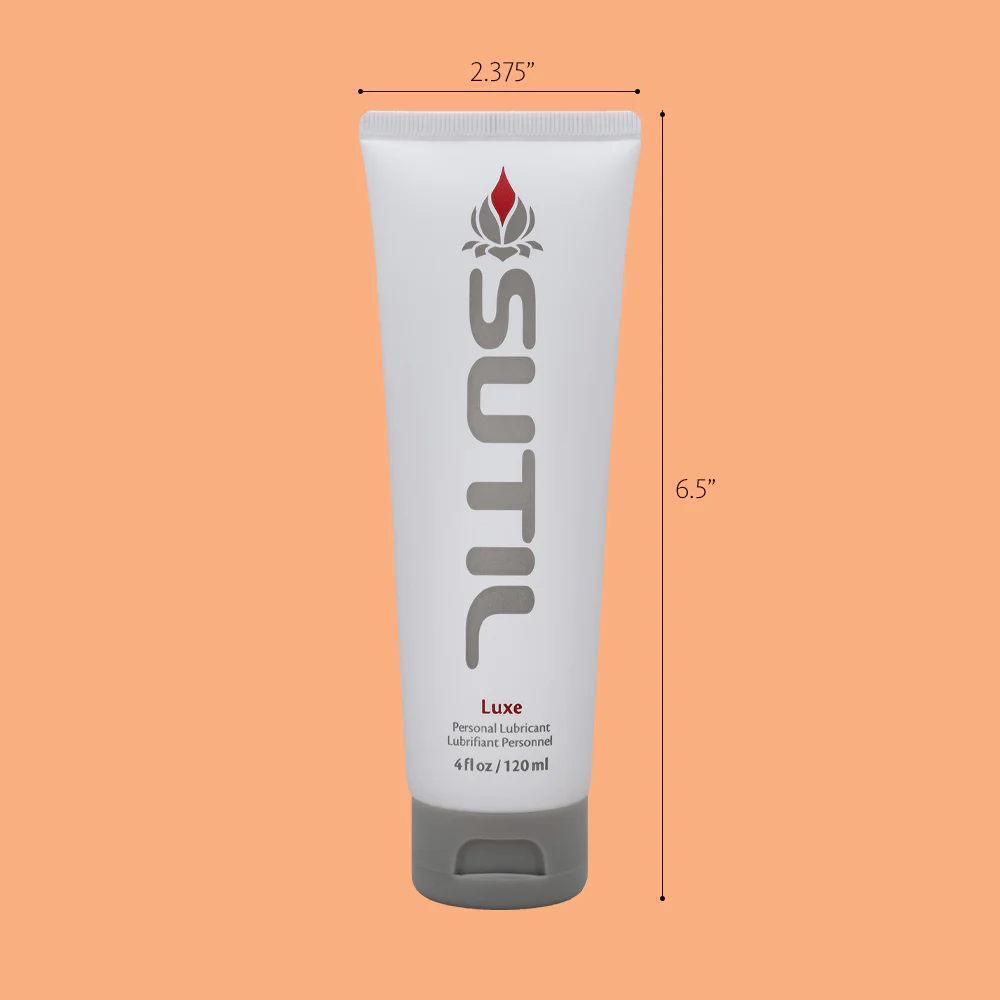 Sutil Luxe water-based personal lubricant in a white tube with grey cap.
