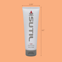 Sutil Luxe water-based personal lubricant in a white tube with grey cap.