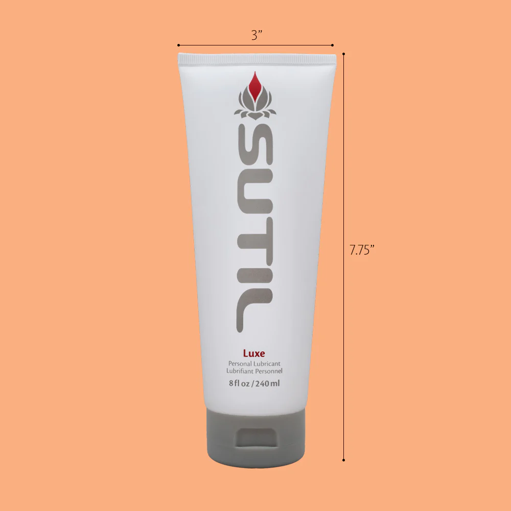 Sutil Luxe water-based lubricant in a white tube with grey cap.