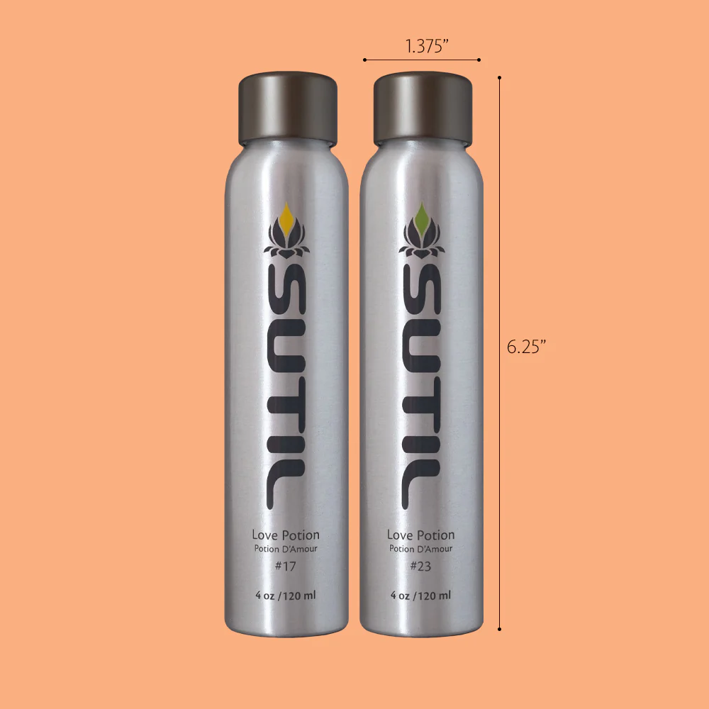 Two Sutil Love Potion bottles with dimensions indicated.