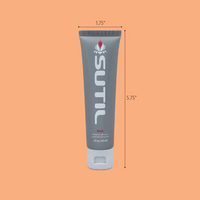 A tube of Sutil Rich thick water-based lubricant with dimensions labeled.