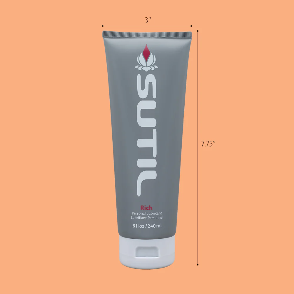 A tube of Sutil Rich thick water-based lubricant with hyaluronic acid.
