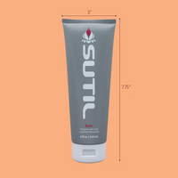 A tube of Sutil Rich thick water-based lubricant with hyaluronic acid.