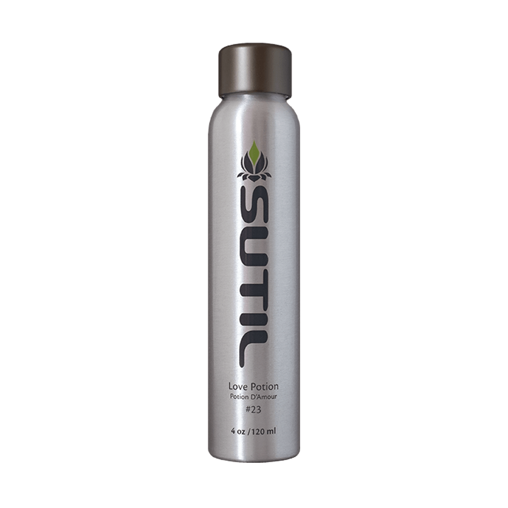 Sutil Love Potion #23 in a silver spray bottle with a dark cap.