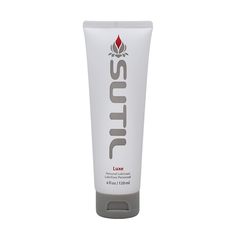 Sutil Luxe water-based personal lubricant in a white tube with grey cap.